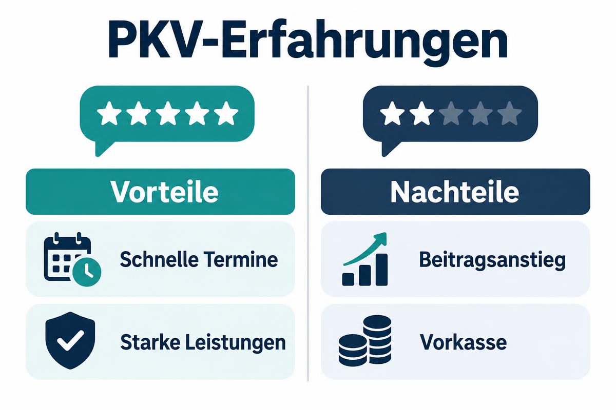 Infografik PKV-Erfahrungen: Vorteile schnelle Termine und starke Leistungen, Nachteile Beitragsanstieg und Vorkasse