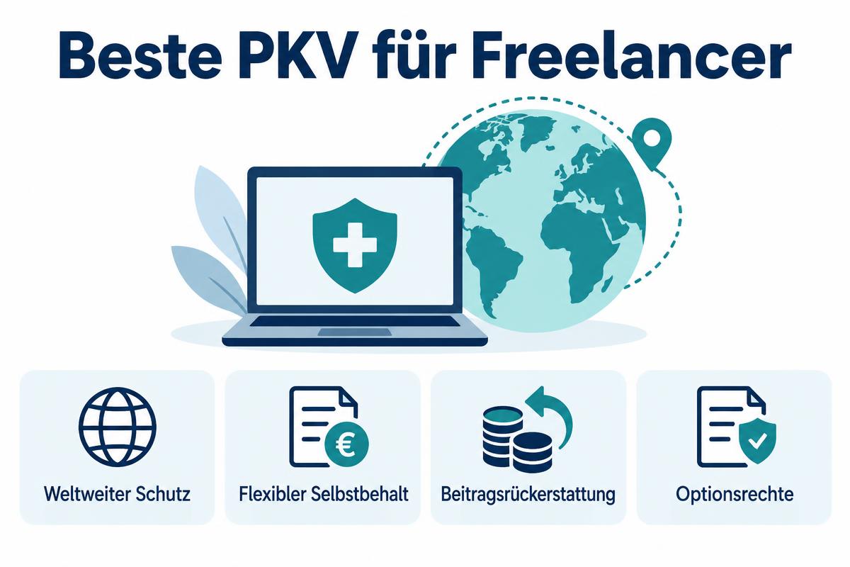 Infografik Beste PKV für Freelancer: weltweiter Schutz, flexibler Selbstbehalt, Beitragsrückerstattung, Optionsrechte