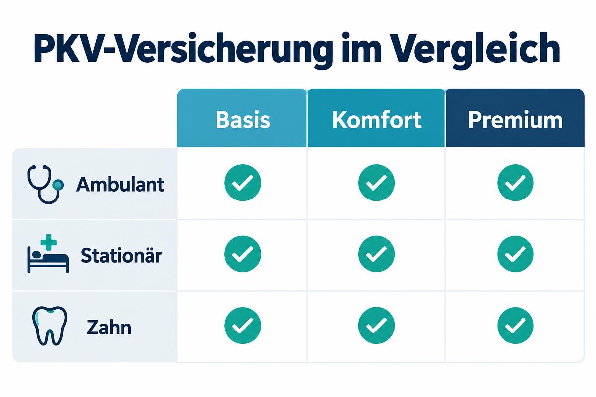 Infografik PKV-Versicherung im Vergleich: Basis, Komfort und Premium für ambulante, stationäre und zahnärztliche Leistungen